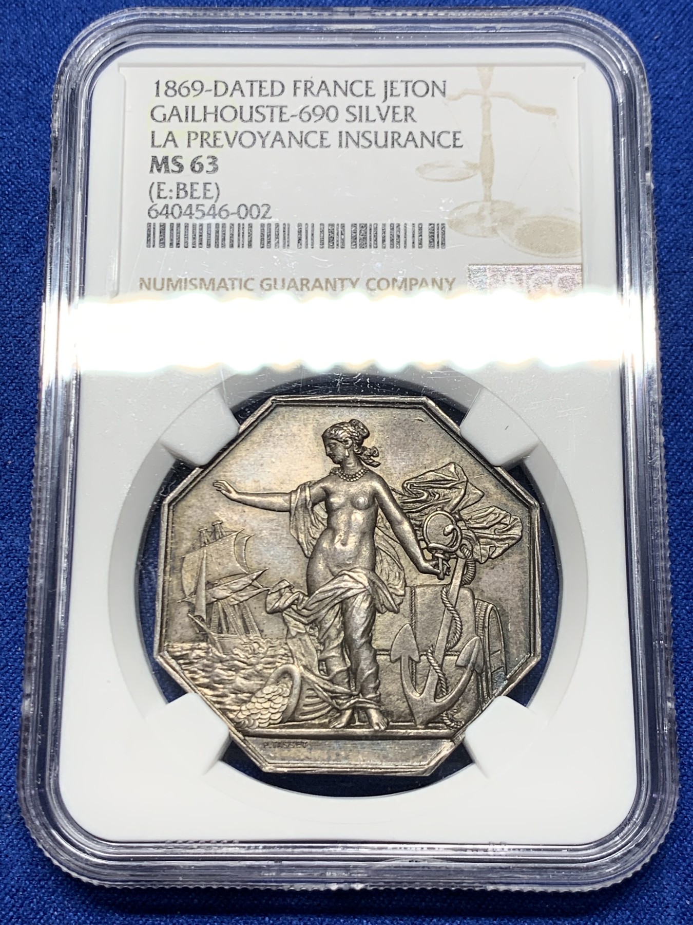 《竞宝斋》第250场-周日，周一 ，周二3场连拍 (全场包邮) NGC-MS63 法国1869年名誉品八角银章，先见之明保险公司，优雅的女神普鲁登斯