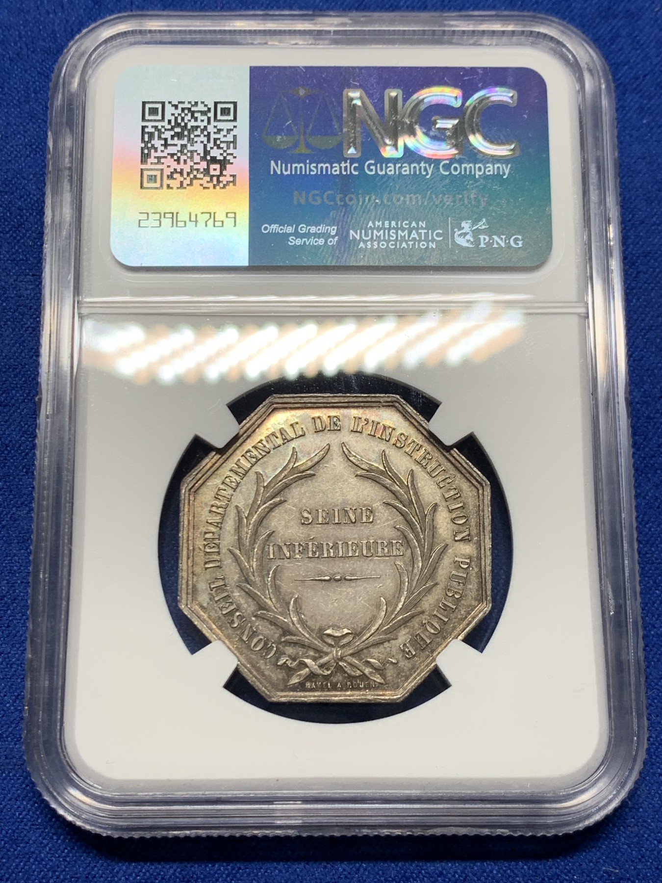 《竞宝斋》第250场-周日，周一 ，周二3场连拍 (全场包邮) NGC-MS63 法国八角银质代币，下塞纳省勃艮第城市公共教育委员会