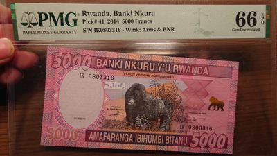 【世界钱币】精选微拍第98期暨2024年第9期  【一口价售出】2014年卢旺达5000 PMG66E无47