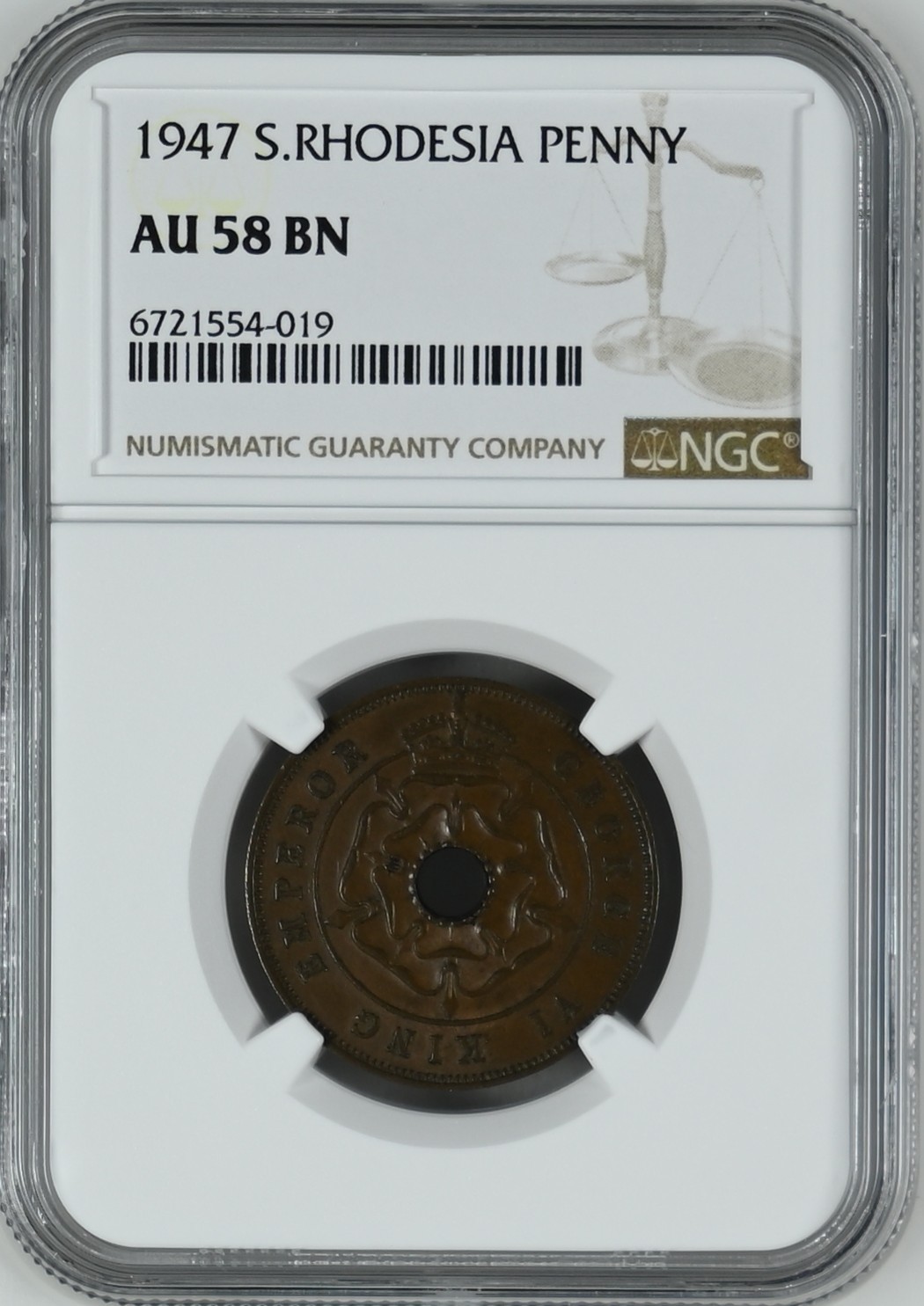 长老汇龙年精选第三场 1947南罗德西亚1便士中孔铜币，NGC AU58BN，更高分仅有7枚