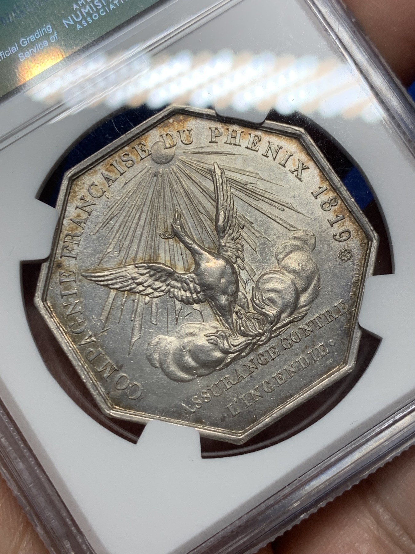 《竞宝斋》第250场-周日，周一 ，周二3场连拍 (全场包邮) NGC-MS63 法国八角银质代币，路易十八时期凤凰火灾保险公司