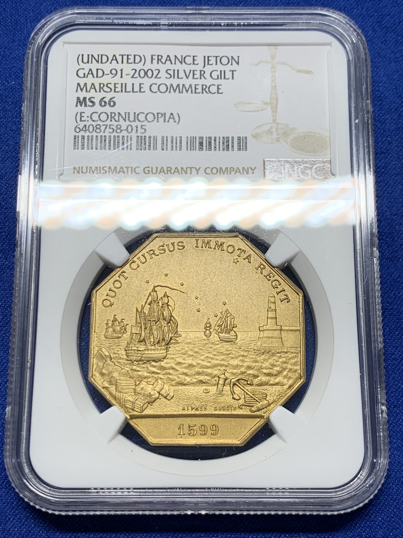 《竞宝斋》第250场-周日，周一 ，周二3场连拍 (全场包邮) NGC-MS66 法国港口景观八角镀金银质代币，马赛商会