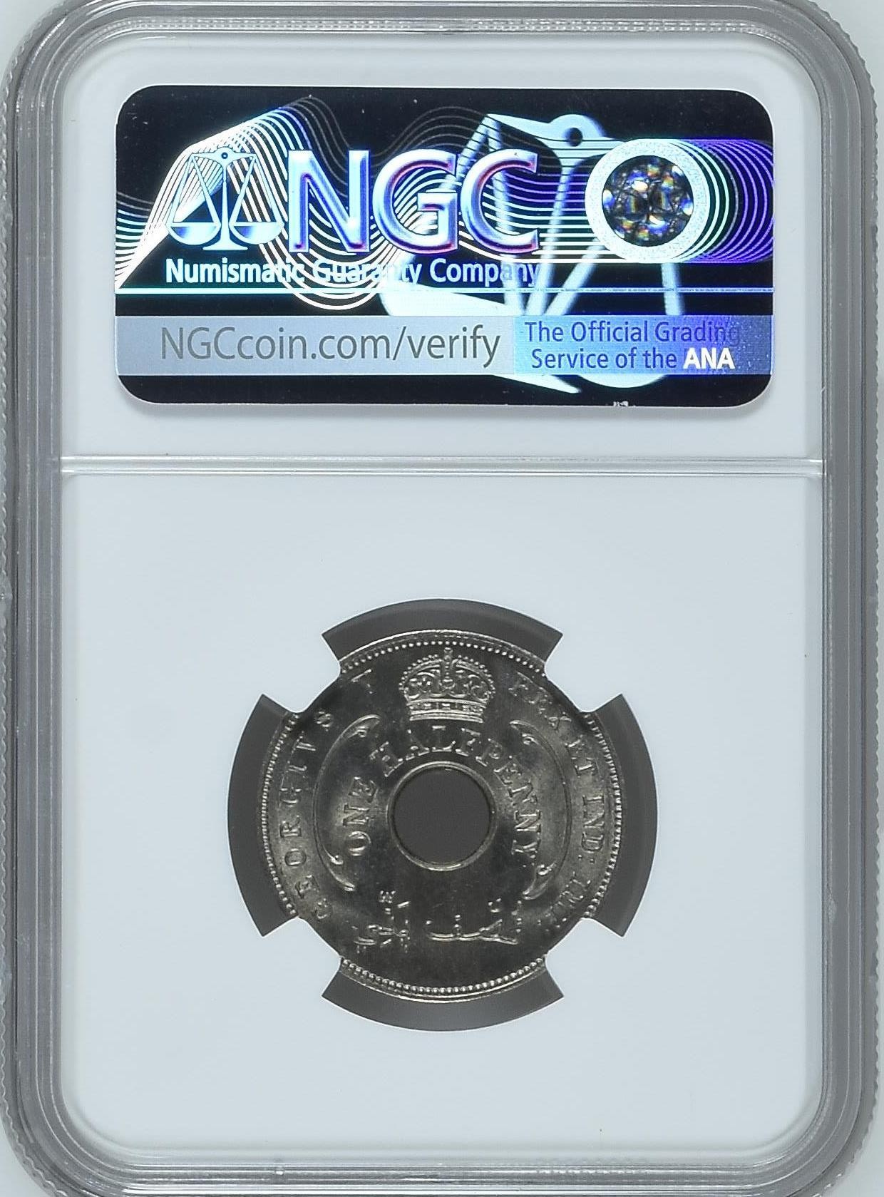 长老汇龙年精选第三场 1935 英属西非乔治五世1/2便士中孔铜镍币，NGC MS63分，更高分仅有5枚