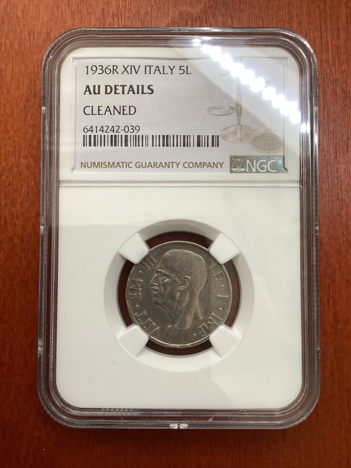 长老汇龙年精选第三场 1936R XIV  意大利伊曼纽尔三世5里拉银币，NGC AUC