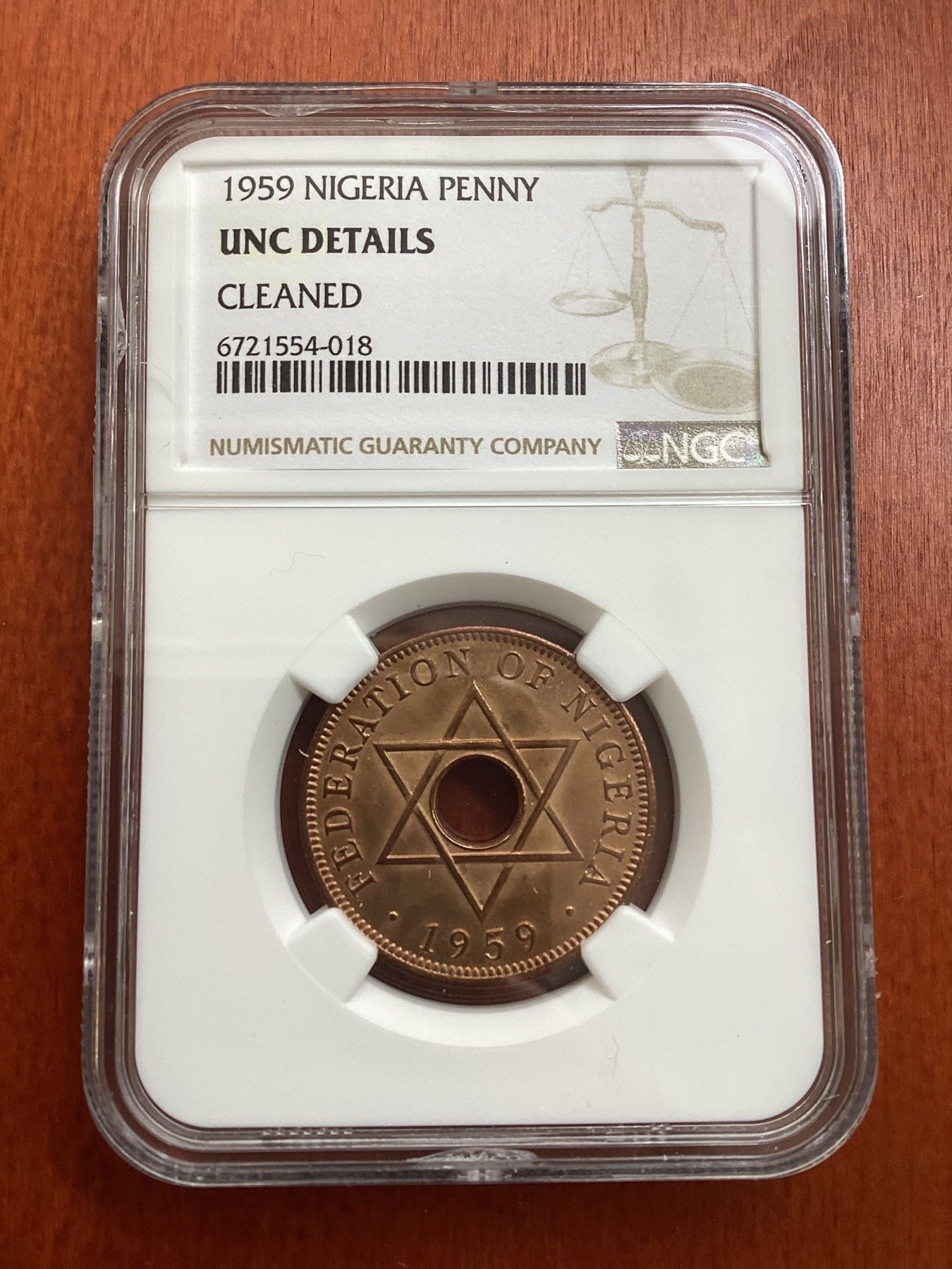 长老汇龙年精选第三场 1959 尼日利亚伊丽莎白二1便士精制铜币，NGC UNC，误杀，发行量6031枚