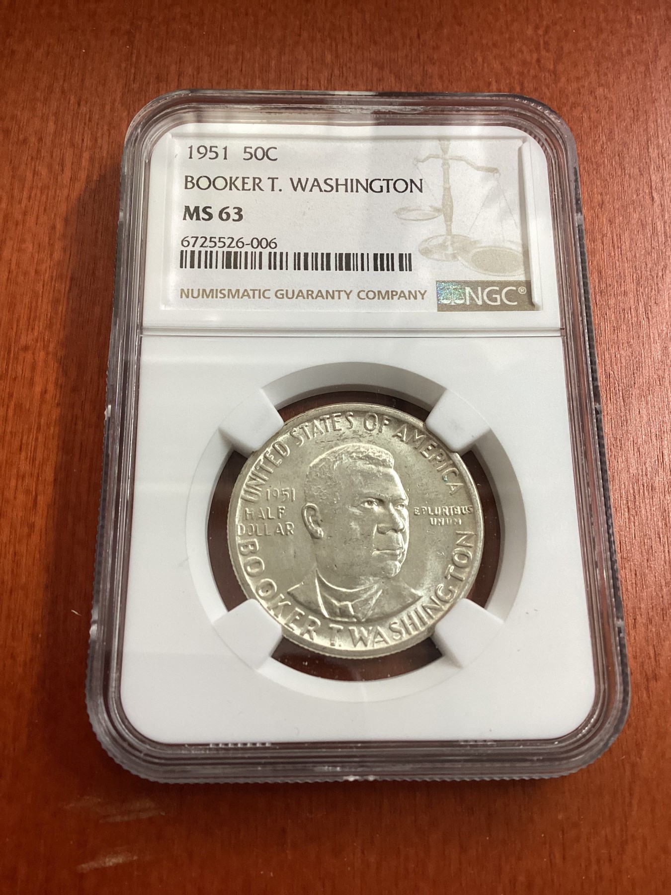 长老汇龙年精选第三场 1951 美国布克·T·华盛顿半圆美元银币，NGC MS63分