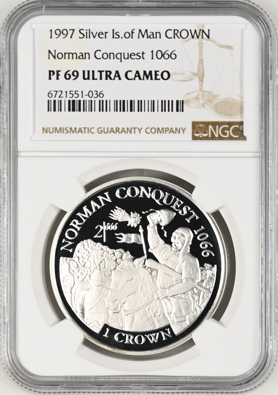 长老汇龙年精选第三场 1997 马恩1066年诺曼底征服1克朗精制银币，NGC PF69UC，唯一冠军分