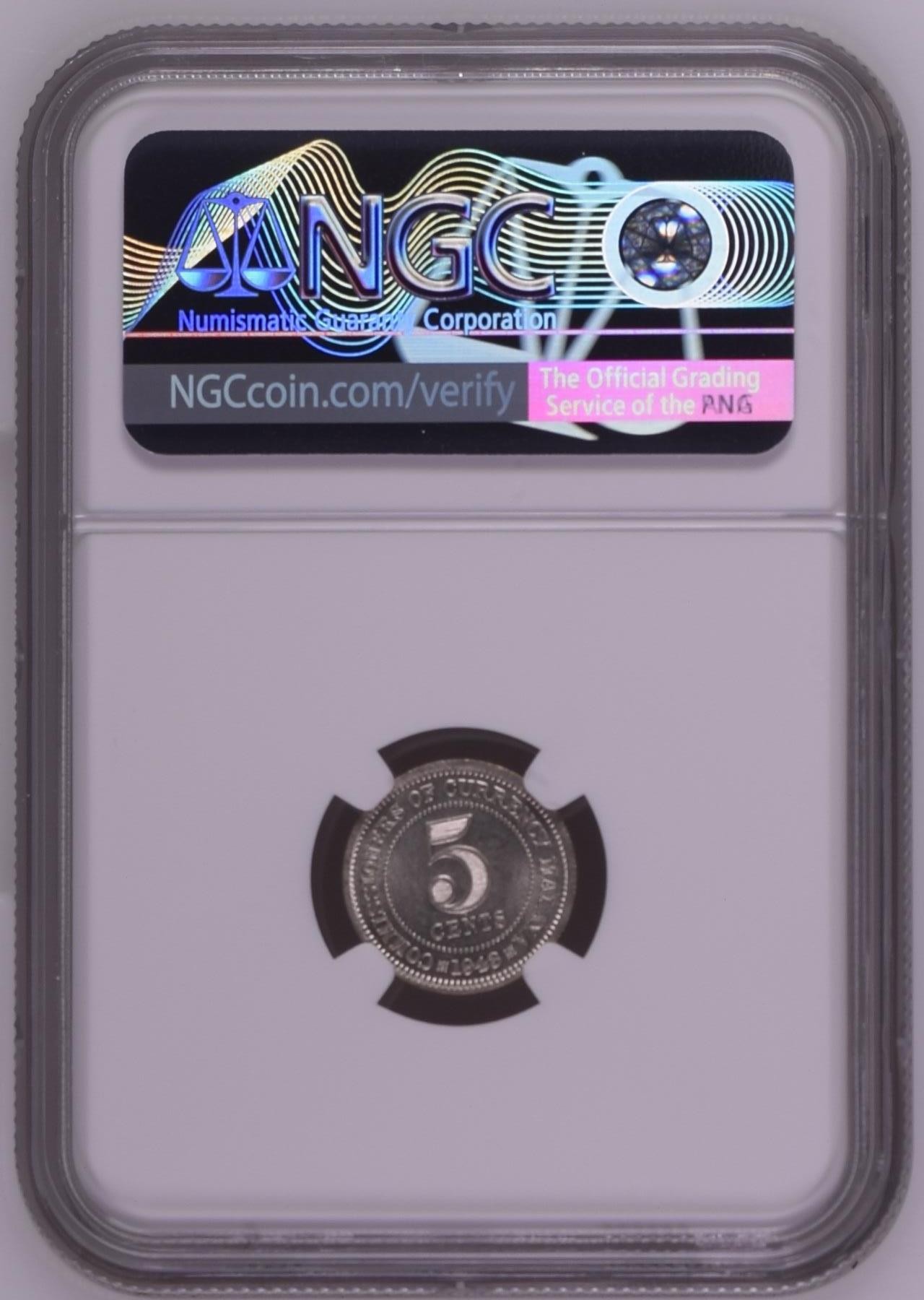 长老汇龙年精选第三场 1943 马来西亚乔治六世5分银币，NGC MS62分