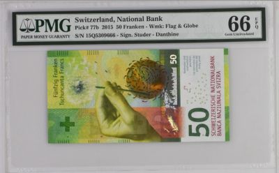 《张总收藏》142期-外币精品荟 - 瑞士手版2015年首发年初版50法郎PMG66E无47豹子号666 Pick#77b第二签名 IBNS世界最佳纸币