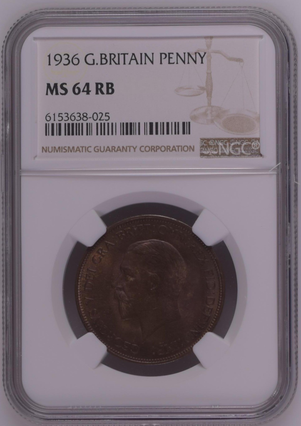 长老汇龙年精选第三场 1936 英国乔治五世1便士铜币，NGC MS64RB