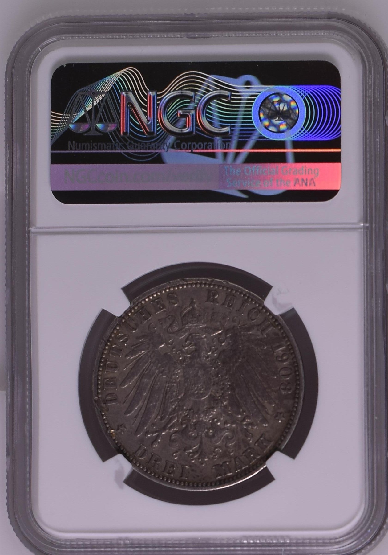 长老汇龙年精选第三场 1908A 德国普鲁士威廉二世3马克银币，NGC XFD