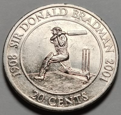 布加迪🐬～世界钱币🌾第 104 期 /  各国精品币和亚洲币 - 澳大利亚🇦🇺 2001年 20分 世界上最伟大棒球手唐纳德布莱德曼爵士纪念币