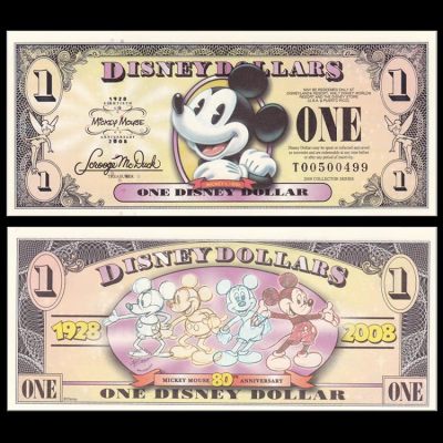 2008年 迪士尼1元(米奇)  迪士尼乐园商业纪念钞 全新UNC - 2008年 迪士尼1元(米奇)  迪士尼乐园商业纪念钞 全新UNC