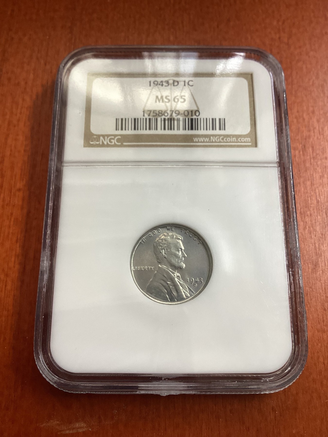 长老汇龙年精选第三场 1943 D美国林肯钢锌1分，NGC MS65分，唯一年份，超高分，老白盒