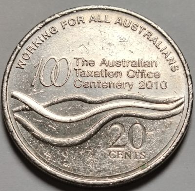布加迪🐬～世界钱币🌾第 104 期 /  各国精品币和亚洲币 - 澳大利亚🇦🇺 2010年 20分 税务所成立百年纪念币