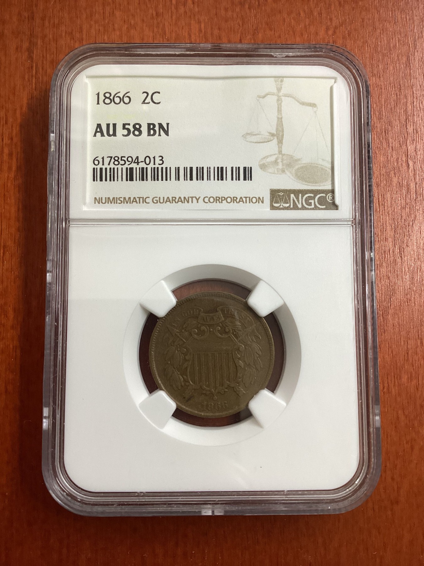 长老汇龙年精选第三场 1866美国早期2分铜币，NGC AU58BN