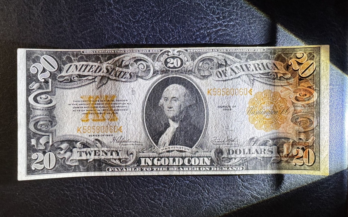 收藏联盟Quantum Auction 第331期拍卖  美国联邦1922年20美元黄金券 非全新 品相如图 稀少 头像顶部有个小针孔 号码无347