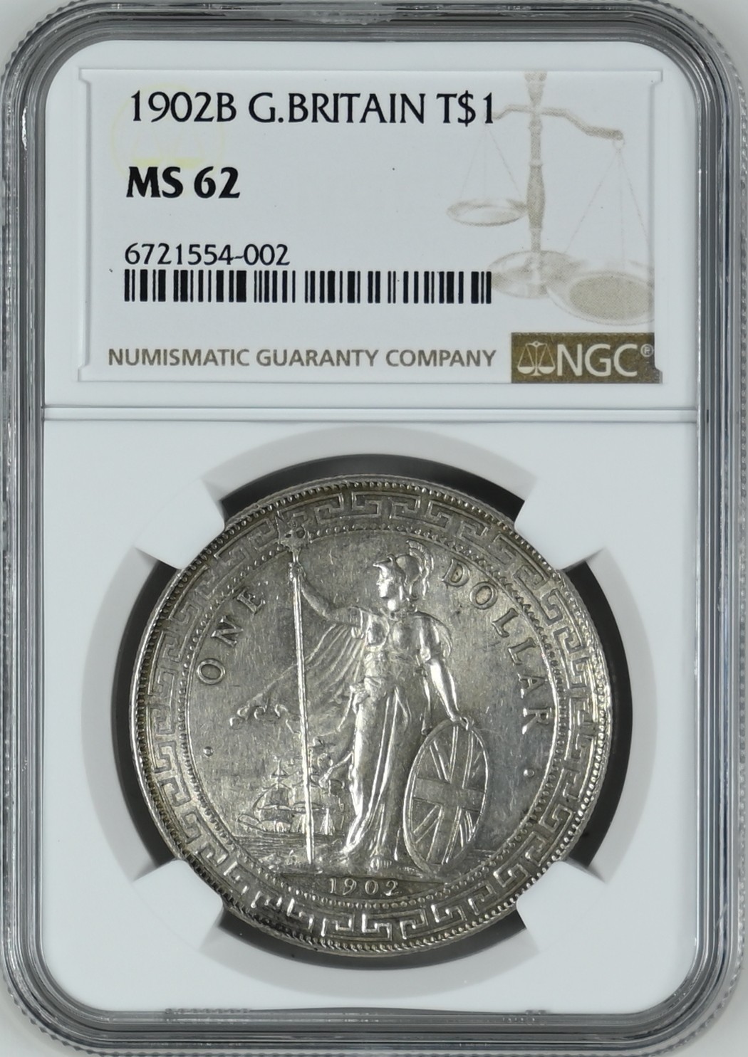 长老汇龙年精选第三场 1902B 英国站洋1元贸易银元，NGC MS62分
