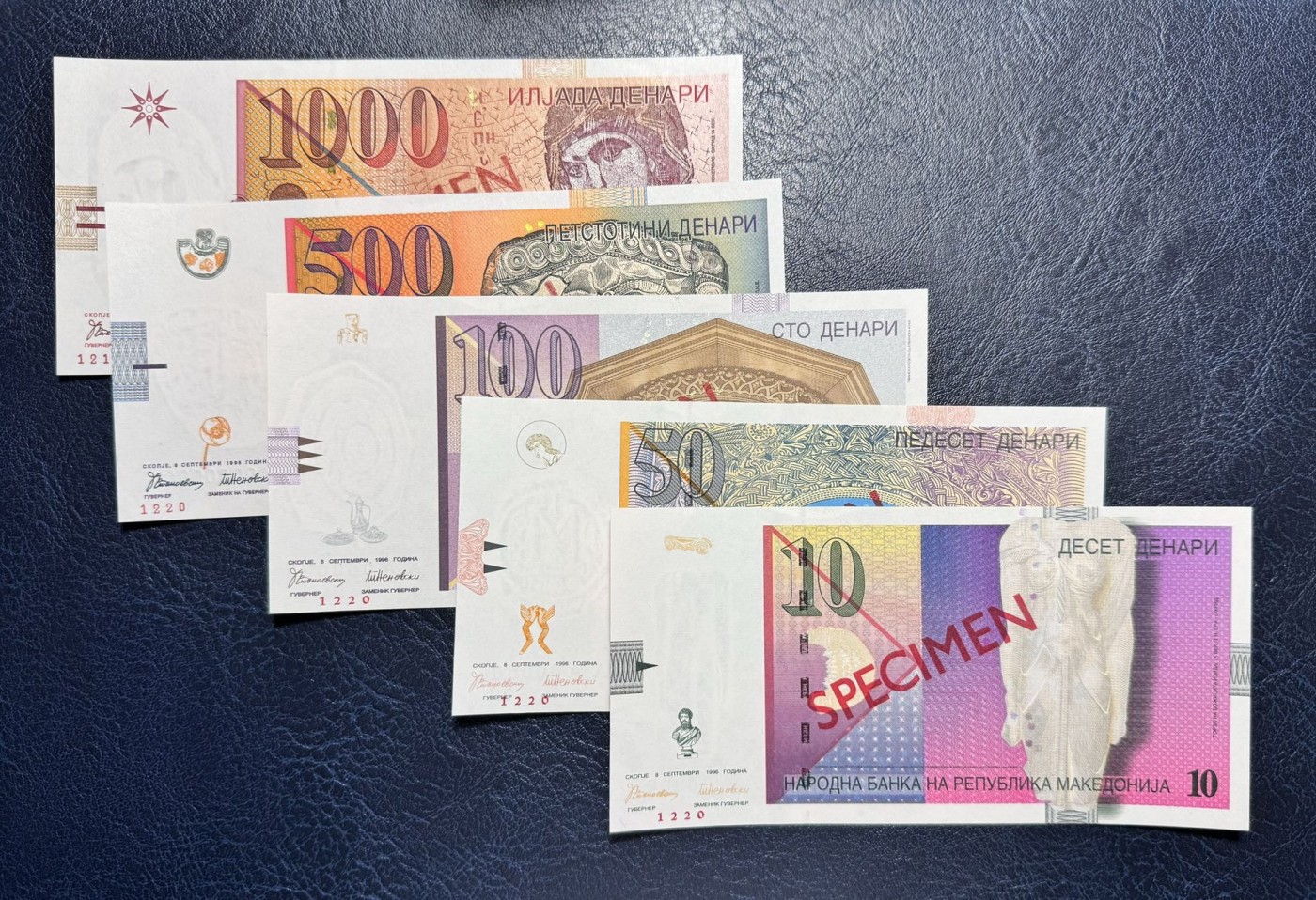 收藏联盟Quantum Auction 第332期拍卖  马其顿共和国1996年10到1000第纳尔样票 品相全新UNC 马赛克壁画