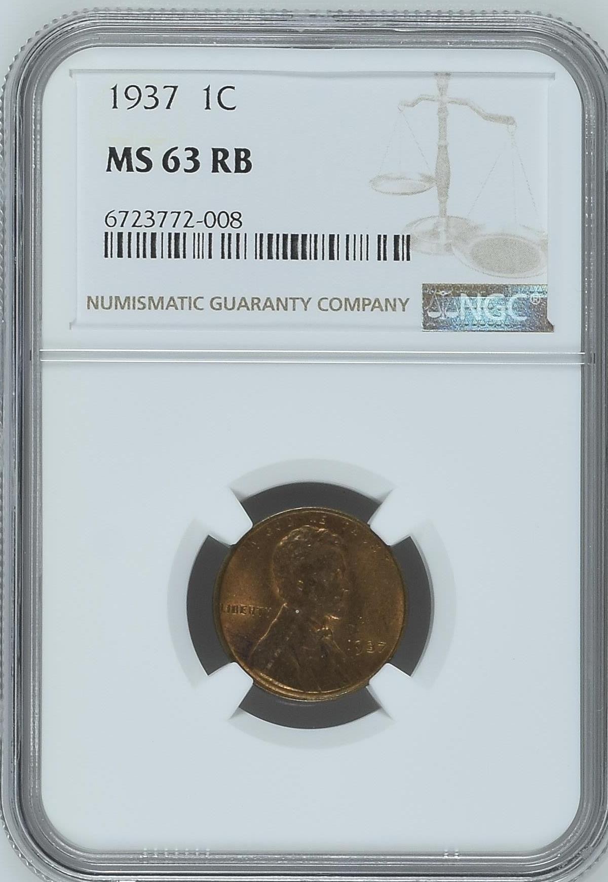 长老汇龙年精选第三场 1937美国林肯麦穗1分铜币，NGC MS63RB