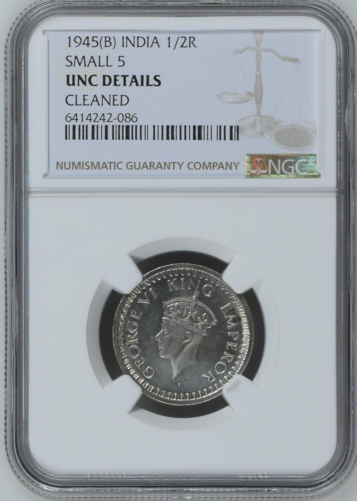 长老汇龙年精选第三场 1945(B) 印度乔治六世1/2卢比银币，NGC UNC，小 5版