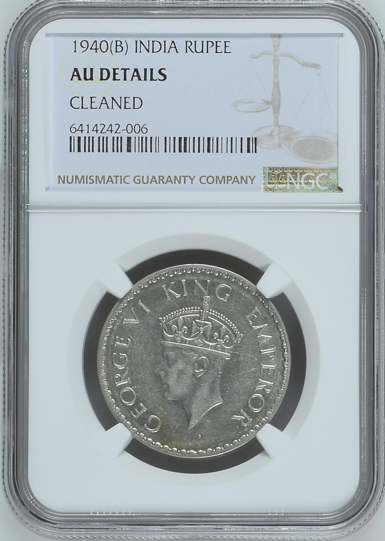 长老汇龙年精选第三场 1940(B)英属印度乔治六世1卢比银币，NGC AUC