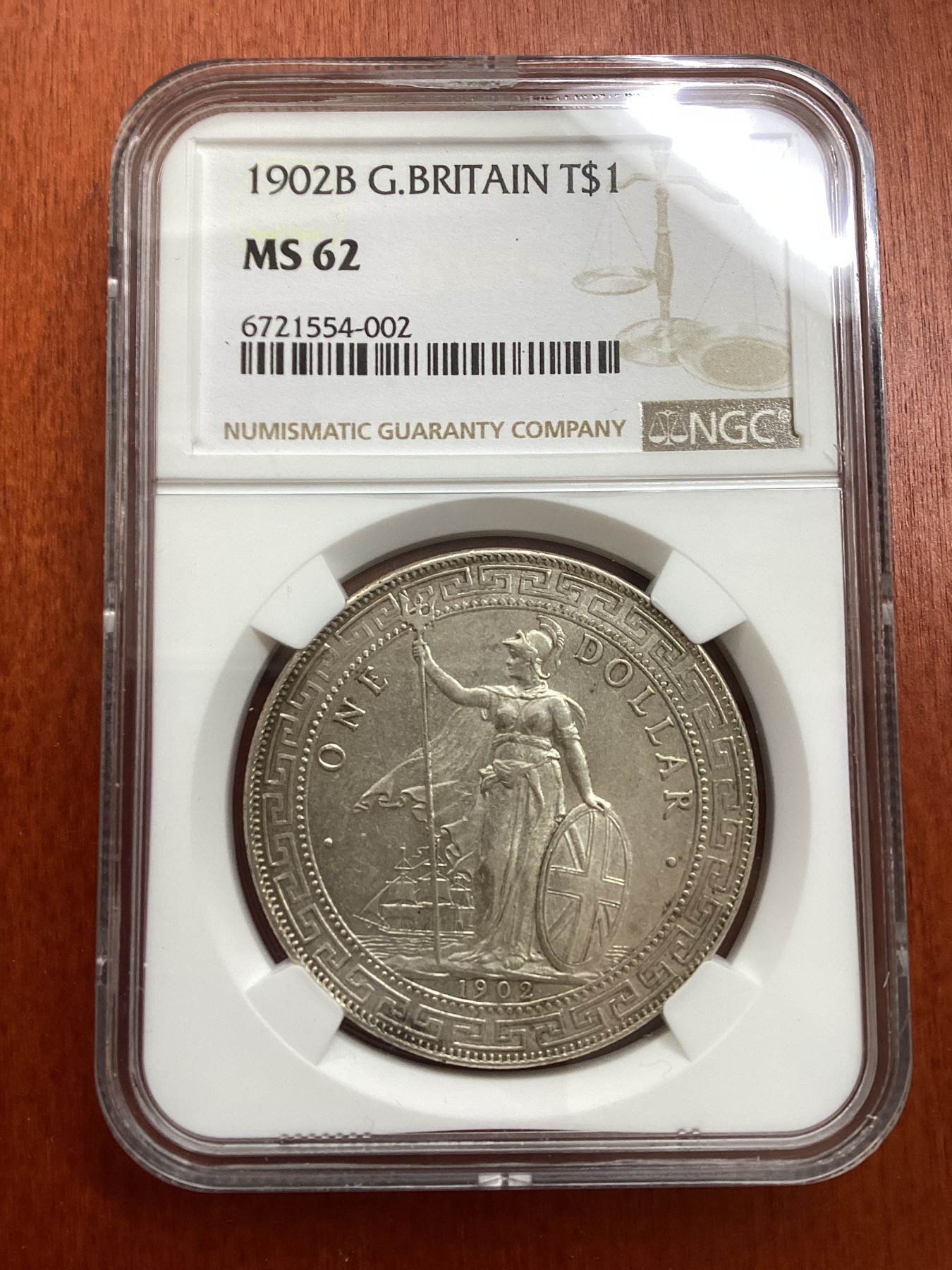 长老汇龙年精选第三场 1902B 英国站洋1元贸易银元，NGC MS62分
