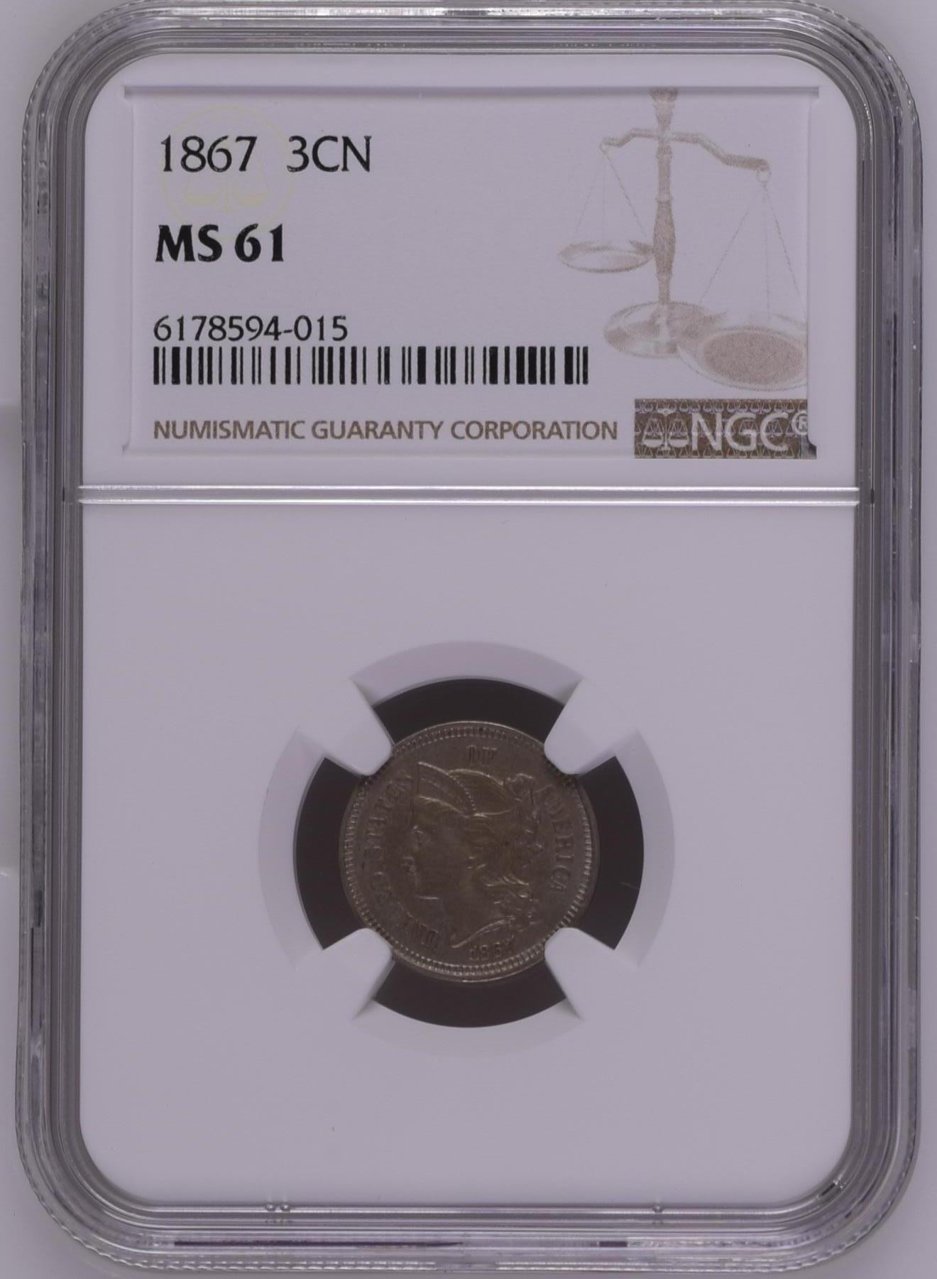 长老汇龙年精选第三场 1867美国早期3分铜镍币，NGC MS61分，少见品种