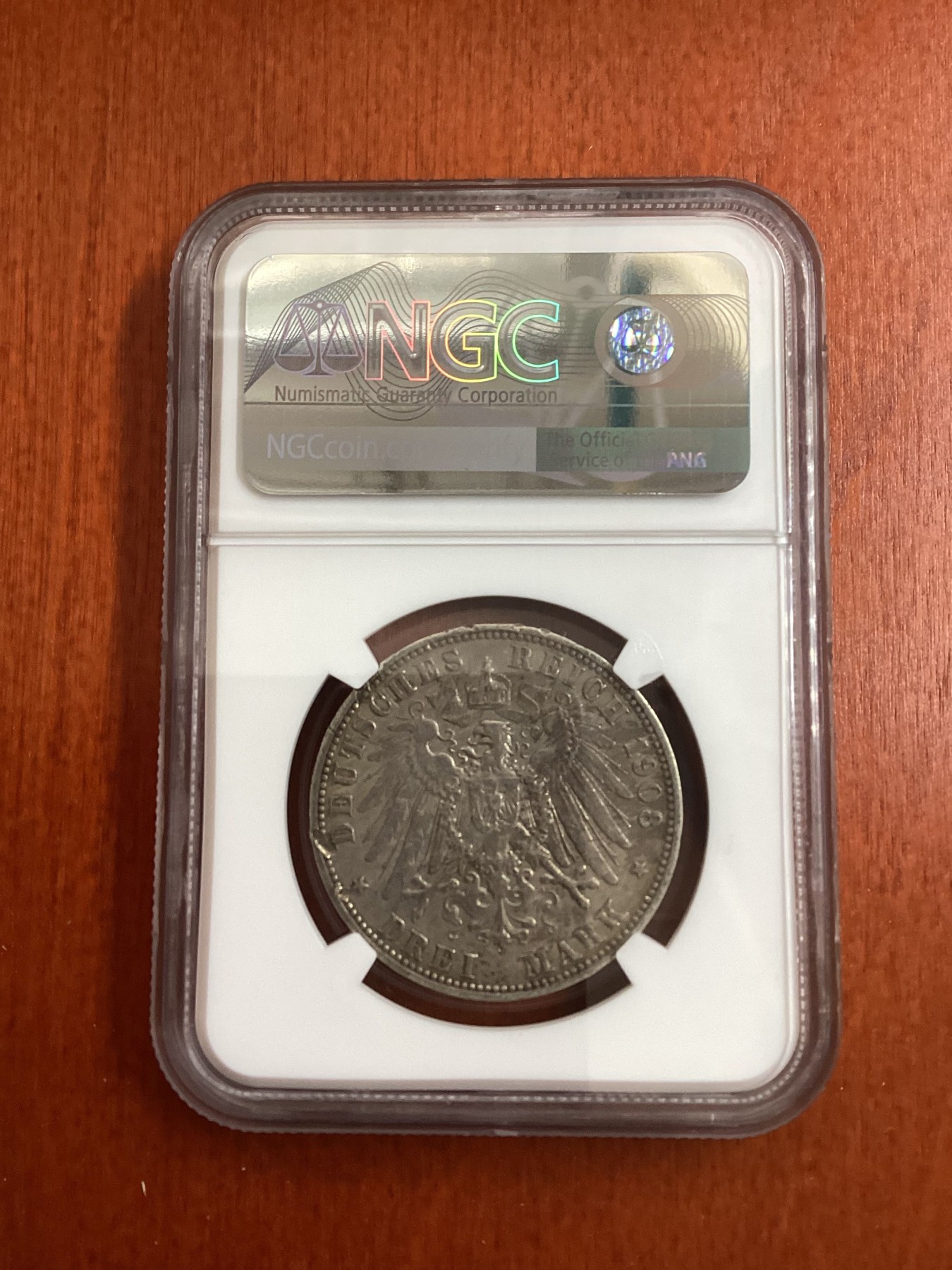长老汇龙年精选第三场 1908A 德国普鲁士威廉二世3马克银币，NGC XFD