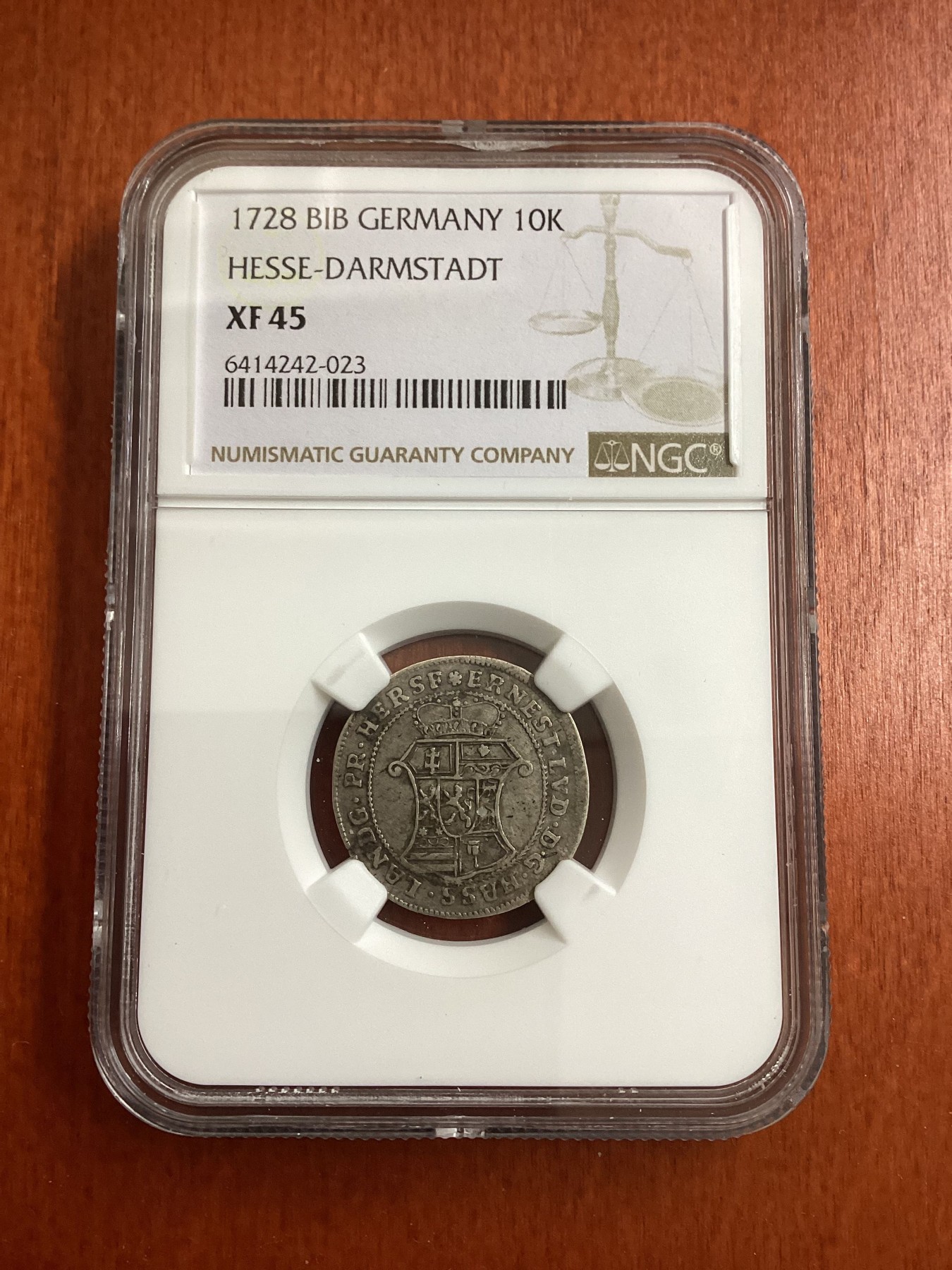 长老汇龙年精选第三场 1728 BIB 德国黑森和达姆斯特10克洛泽银币，NGC XF45分，更高分仅有4枚，近三百年的老物件，细节清晰可见