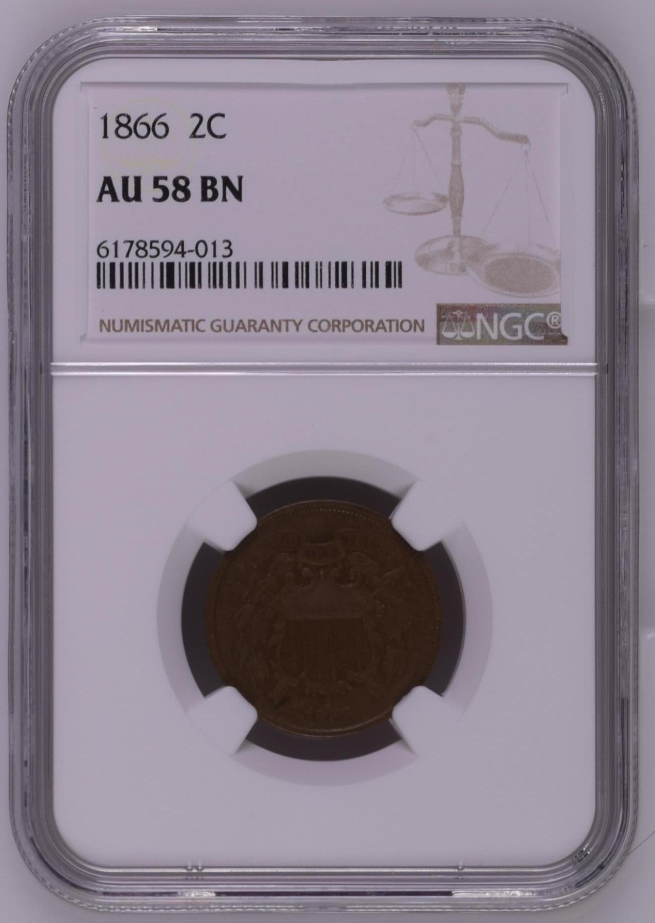 长老汇龙年精选第三场 1866美国早期2分铜币，NGC AU58BN