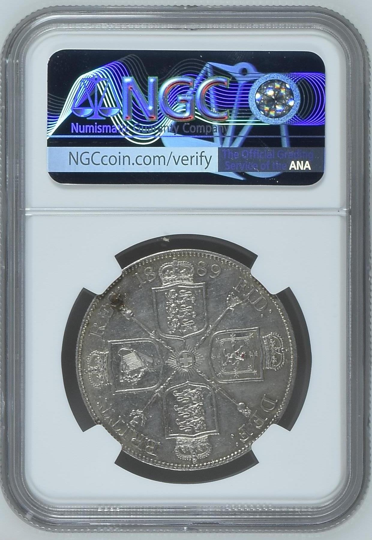长老汇龙年精选第三场 1889 英国维多利亚高冠双弗洛林银币，NGC UNC，有点遗憾