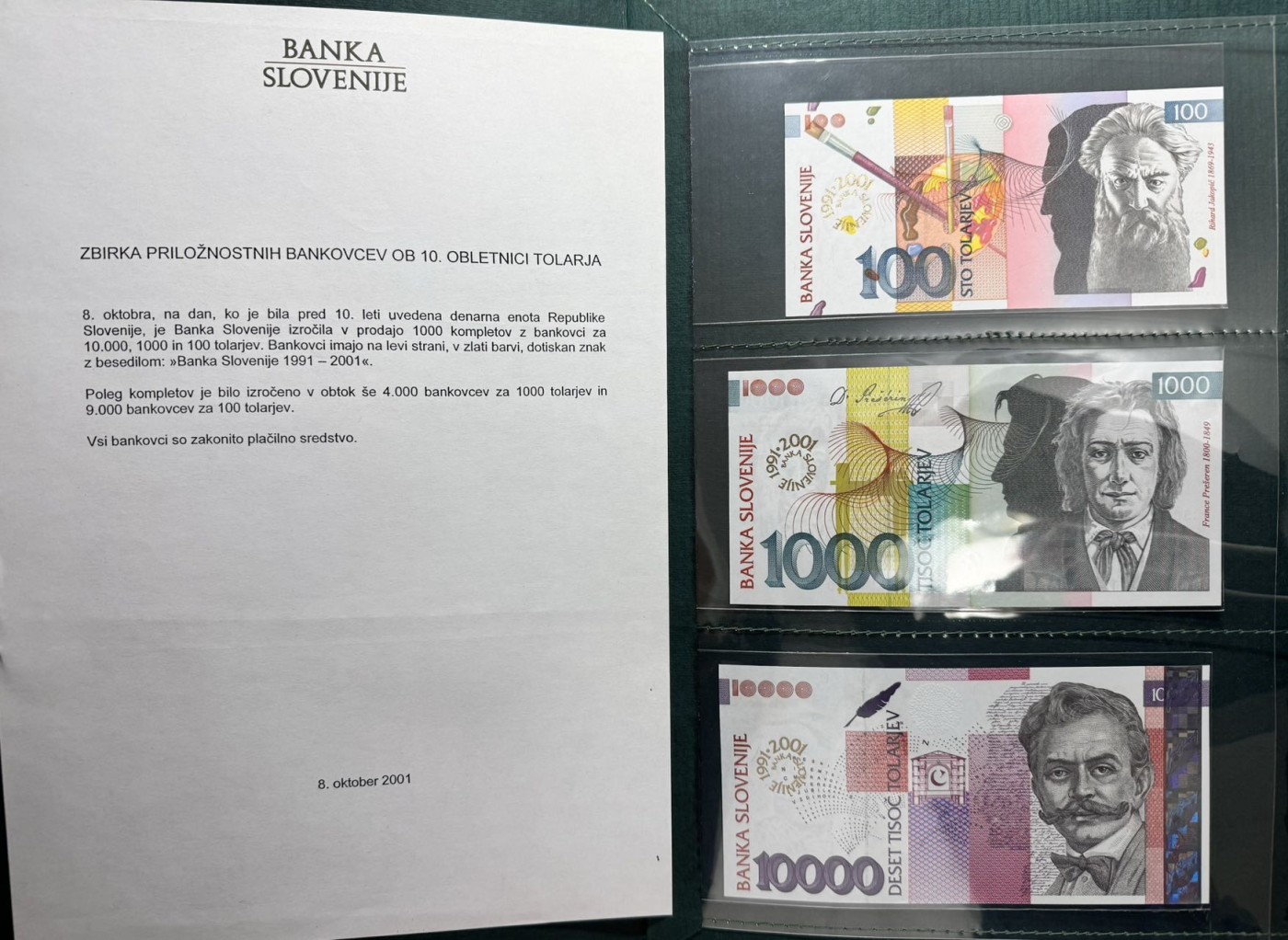 收藏联盟Quantum Auction 第332期拍卖  斯洛文尼亚2001年100到10000托拉尔银行成立10周年纪念钞 品相全新UNC 