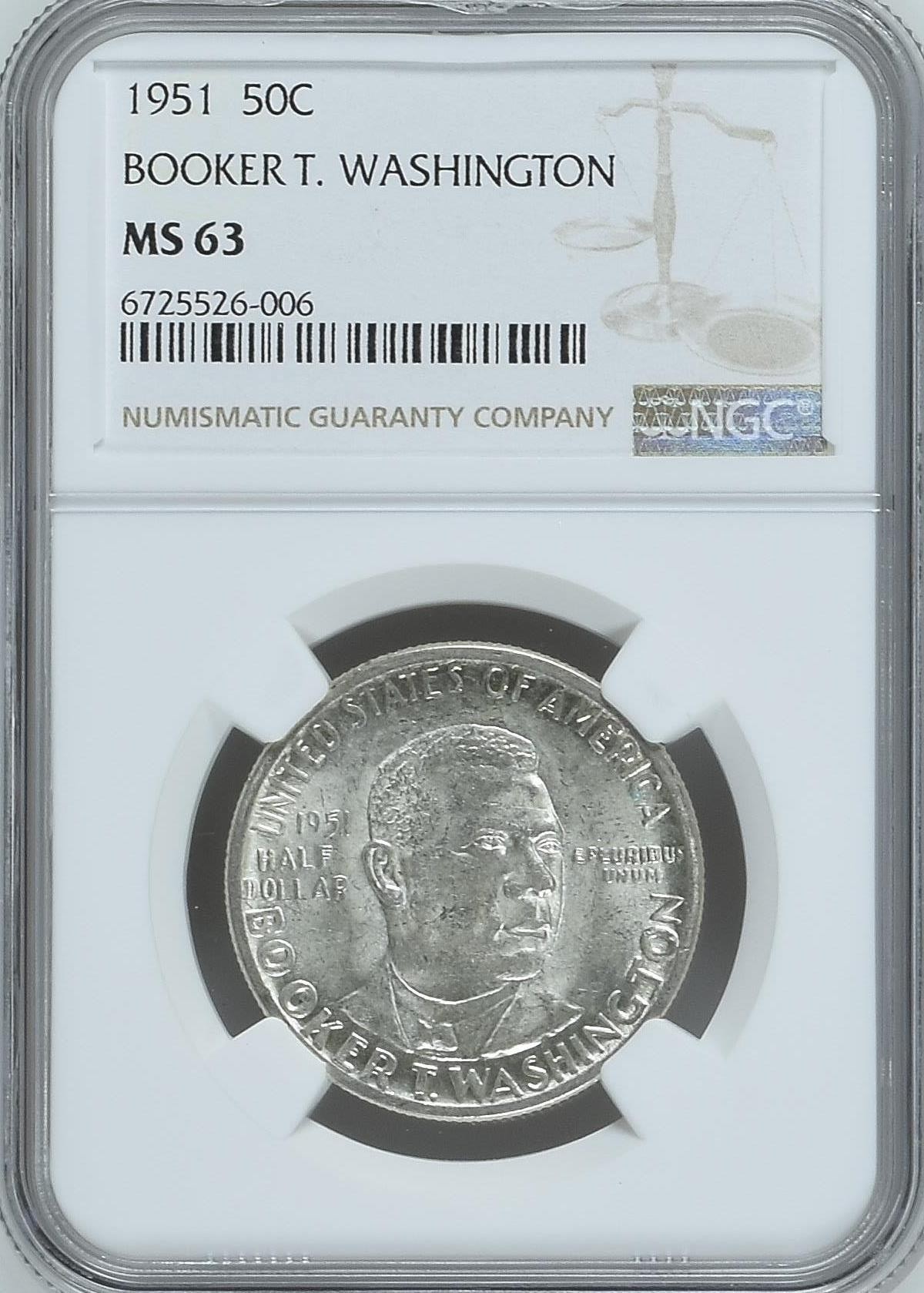 长老汇龙年精选第三场 1951 美国布克·T·华盛顿半圆美元银币，NGC MS63分
