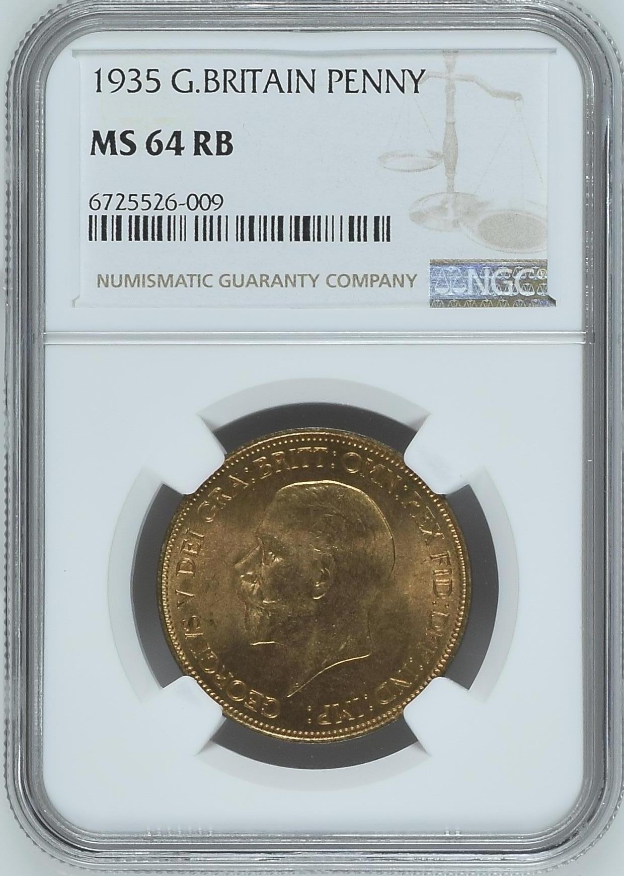 长老汇龙年精选第三场 1935 英国乔治五世1便士铜币，NGC MS64RB