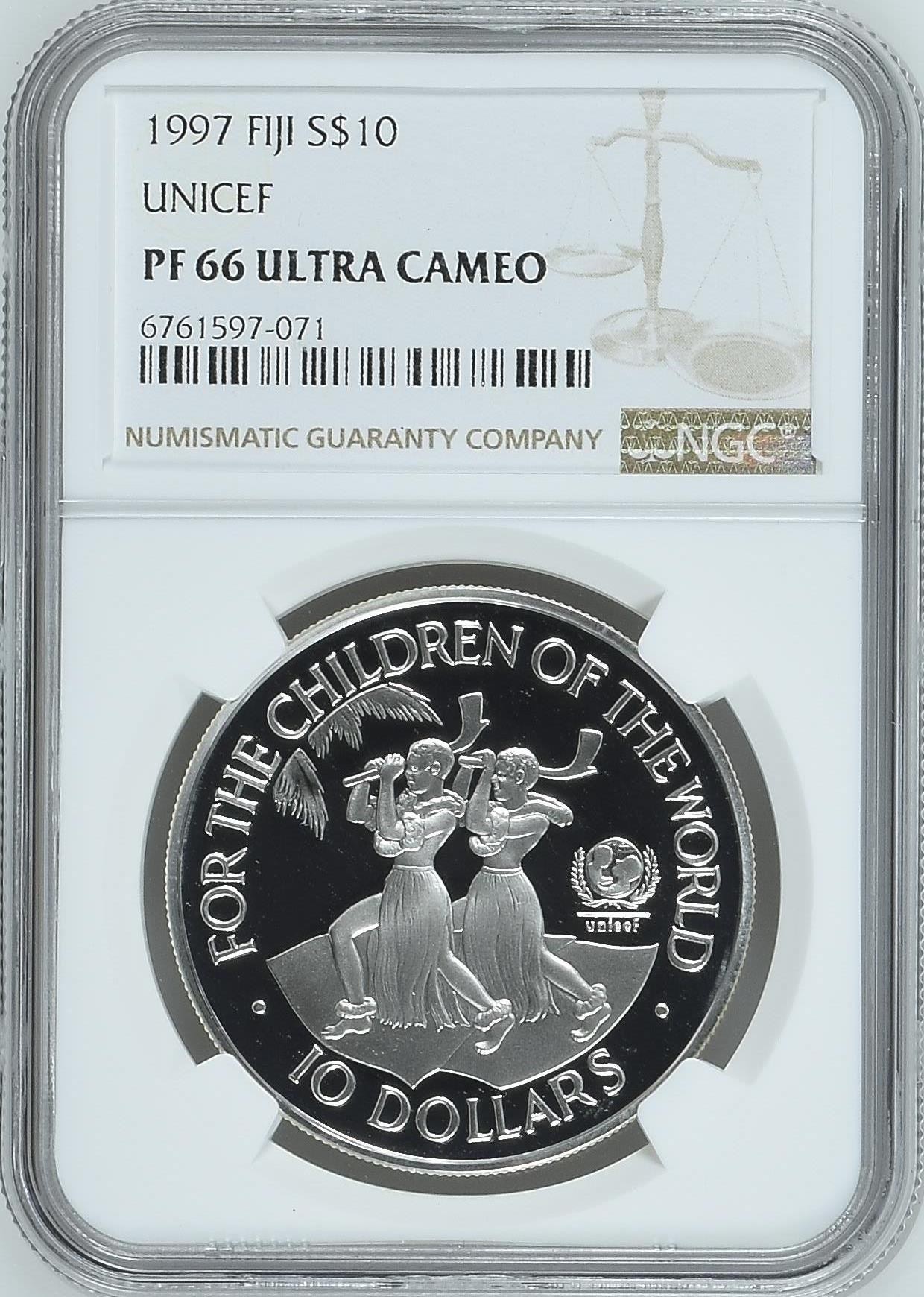 长老汇龙年精选第三场 1997 斐济国际儿童基金会10元精制银币，NGC PF66UC，唯一亚军分，更高分仅有一枚