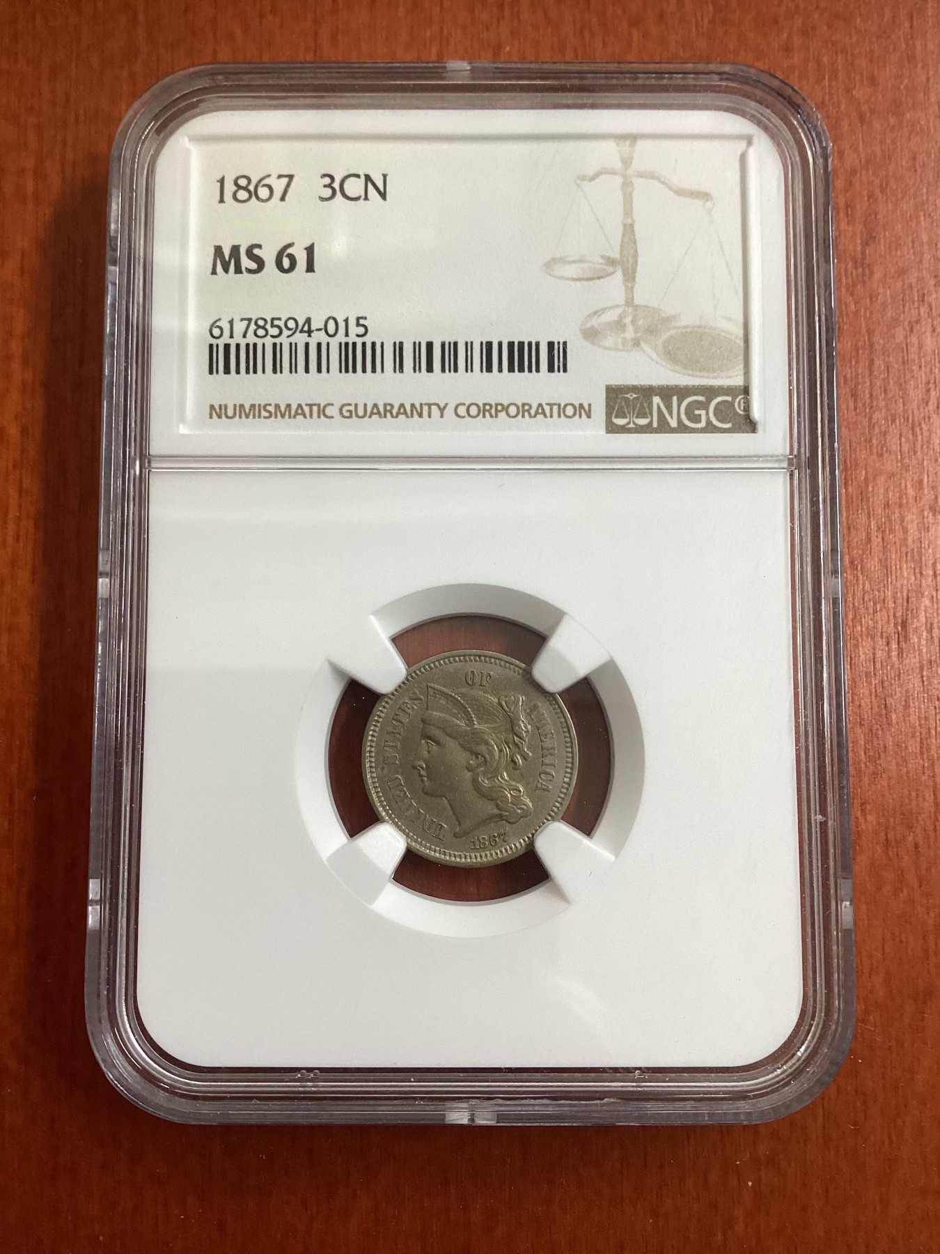 长老汇龙年精选第三场 1867美国早期3分铜镍币，NGC MS61分，少见品种