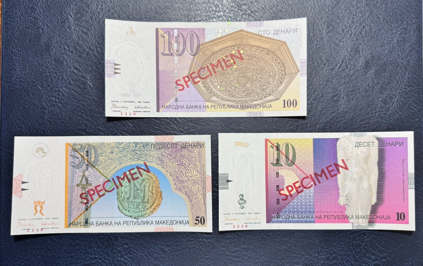 收藏联盟Quantum Auction 第332期拍卖  马其顿共和国1996年10到1000第纳尔样票 品相全新UNC 马赛克壁画