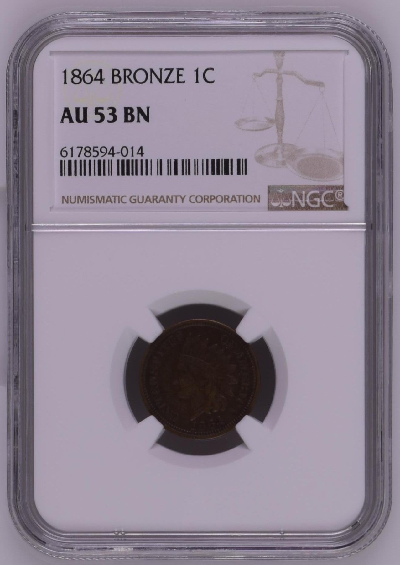 长老汇龙年精选第三场 1864 美国早期印第安人头像1分铜币，NGC AU53BN