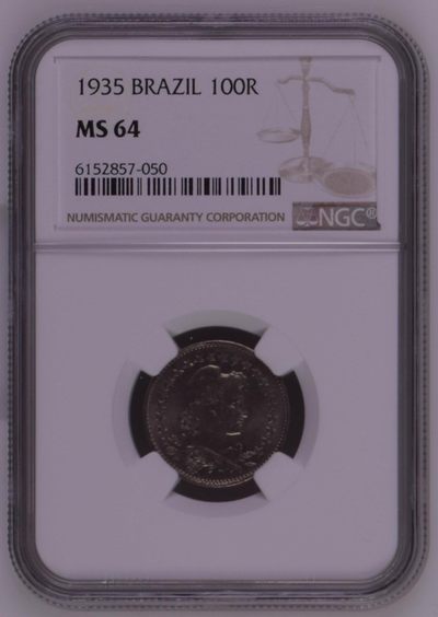 长老汇马年精选第十二场拍卖 - 1935巴西自由女神100瑞斯铜镍币，NGC MS64分