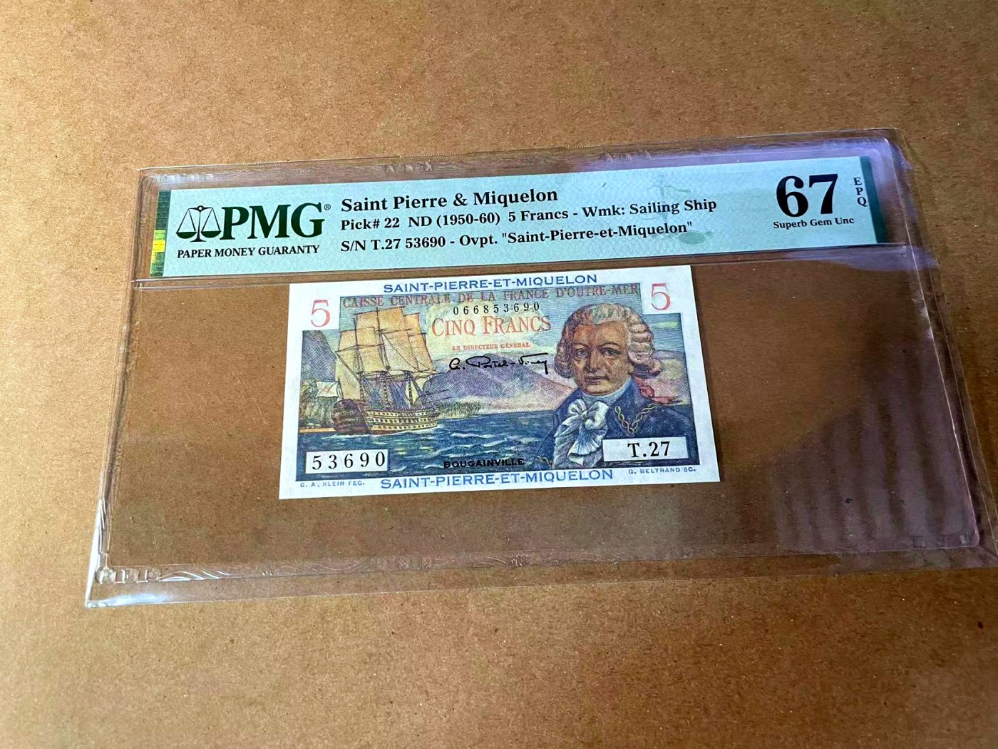【Blue Auction】✨世界纸币精拍第449期【精】 【无47】圣皮埃尔和密克隆 1950-60年5法郎 PMG67EPQ 
