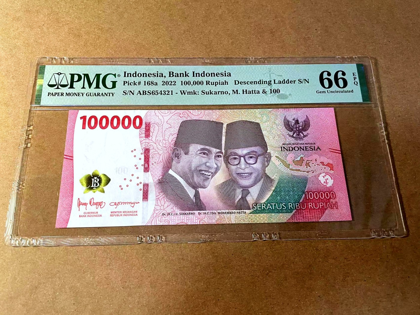 【Blue Auction】✨世界纸币精拍第449期【精】 【654321倒阶梯号】印尼 2022年100000卢比 PMG66EPQ 