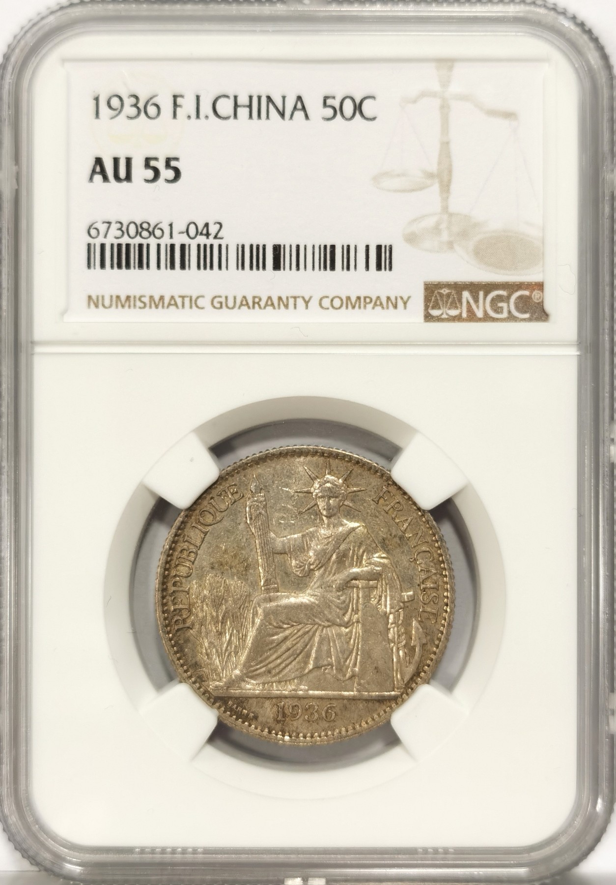 博洋堂世界钱币拍卖第140期（全场包邮） NGC AU55 法属印支坐洋1936年50分半圆银币，原汁原味