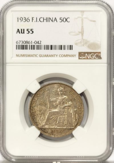 博洋堂世界钱币拍卖第140期（全场包邮） - NGC AU55 法属印支坐洋1936年50分半圆银币，原汁原味