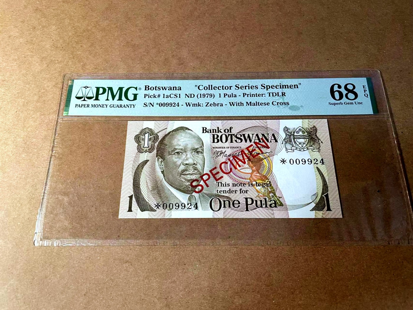 【Blue Auction】✨世界纸币精拍第449期【精】 【冠军分 小号样钞】博茨瓦纳1979年1普拉 PMG68EPQ 超高分 挤牛奶