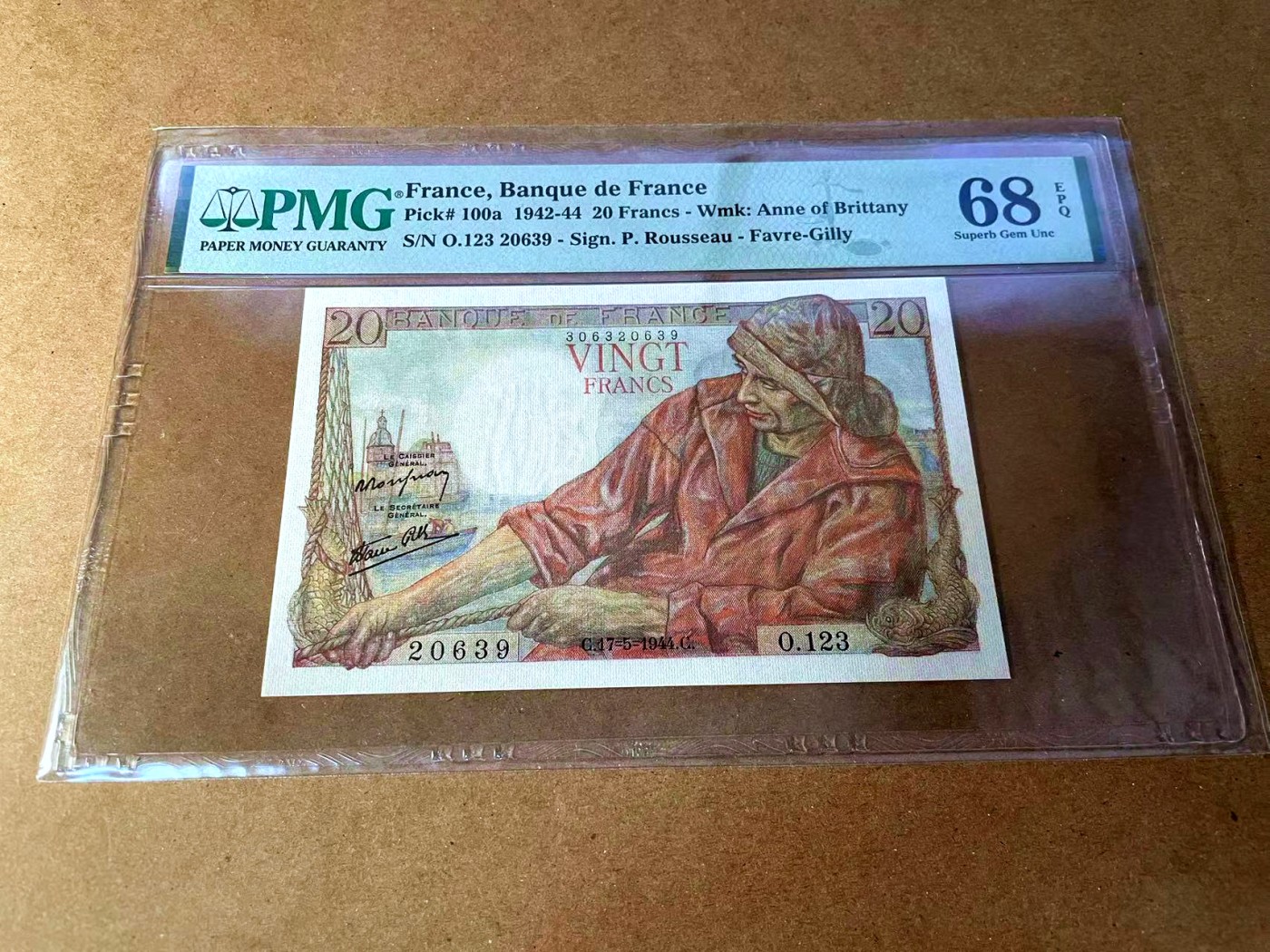 【Blue Auction】✨世界纸币精拍第449期【精】 【冠军分 无47】法国 1944年20法郎 PMG68EPQ 超高分 
