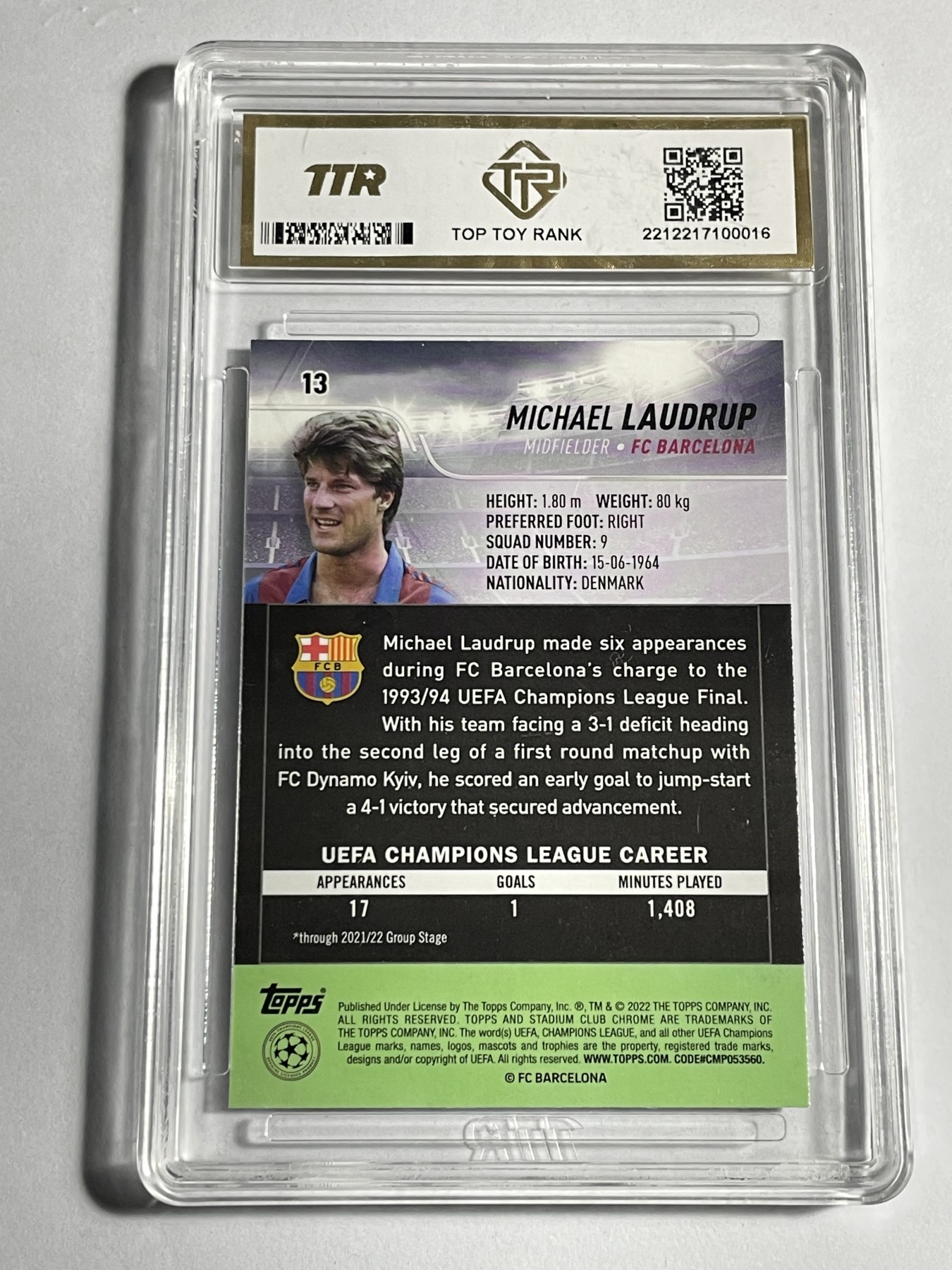 【德藏】卡牌拍卖第11期 ~【无每件最低收费！！！】  2021-22年 TOPPS STADIUM 欧冠 巴萨俱乐部 米歇尔·劳德鲁普 TTR 9.5