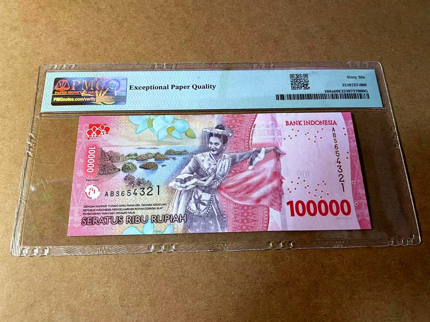 【Blue Auction】✨世界纸币精拍第449期【精】 【654321倒阶梯号】印尼 2022年100000卢比 PMG66EPQ 