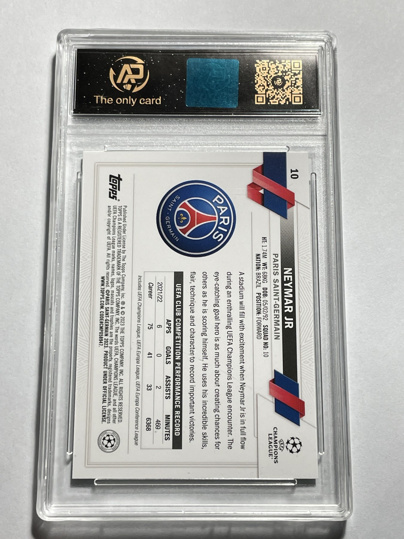 【德藏】卡牌拍卖第11期 ~【无每件最低收费！！！】 2022-23年 TOPPS 碧玉 欧冠 巴黎圣日耳曼俱乐部 内马尔 RPA 9.5