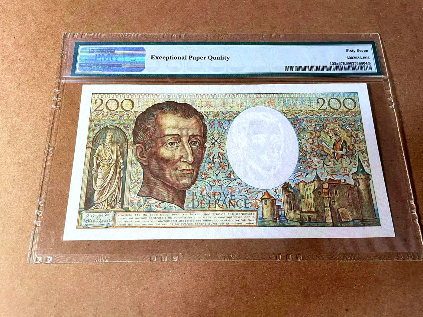 【Blue Auction】✨世界纸币精拍第449期【精】 【a版无47】法国 1983年200法郎 孟德斯鸠 PMG67EPQ 高分